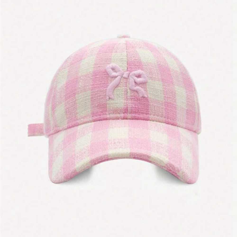 Adjustable Checkered Light Pink + White Embroidered Bowknot Baseball Cap OS New